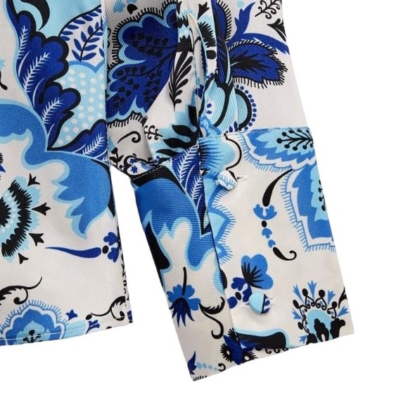 NWT Zara Navy Aqua Blue & White Floral Satin Button Down Blouse - L - Picture 16 of 16